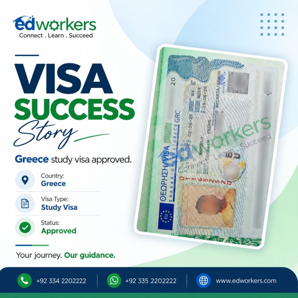 Greece study visa approval shared by EdWorkers, with personal details redacted