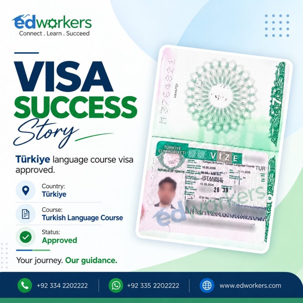 Türkiye Turkish language course visa approval shared by EdWorkers, with personal details redacted